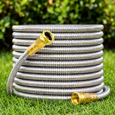 25FT Heavy Duty Stainless Steel Garden Hose, Flexible Metal Water Hose with Adjustable Brass Nozzle, Anti-Kink & Leakproof for Lawn & Car Washing