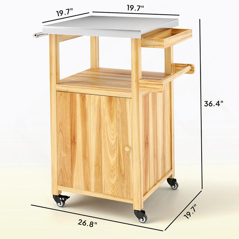 Îlot de cuisine en bois, chariot de barbecue extérieur, avec plateau en acier inoxydable, roues, trou intégré