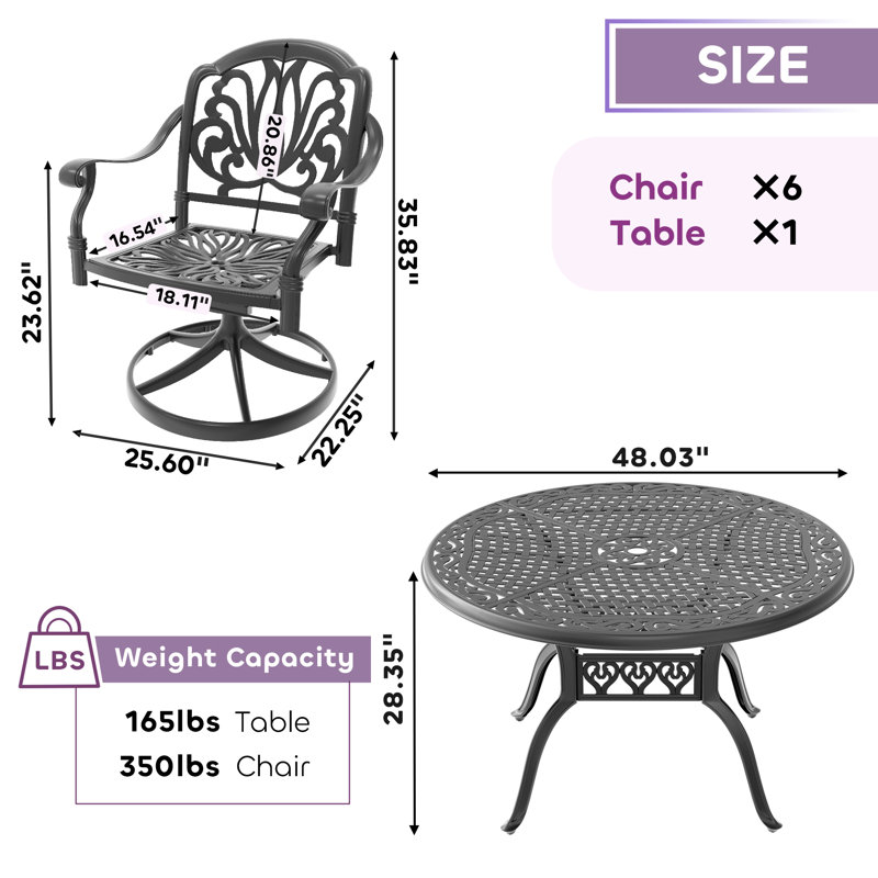 Cet ensemble de salle à manger en fonte d'aluminium toutes saisons comprend des chaises pivotantes et une table ronde avec cadre noir