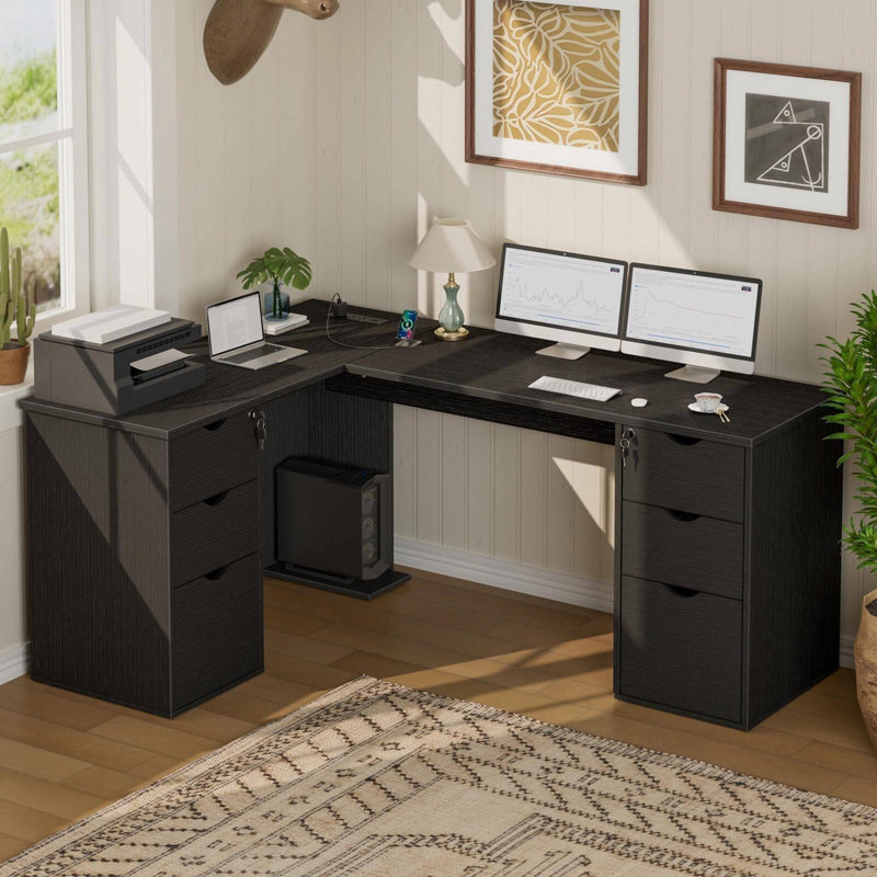 Bureau de direction en L avec prises intégrées, bureau de 66 pouces avec tiroirs, blanc, Noir