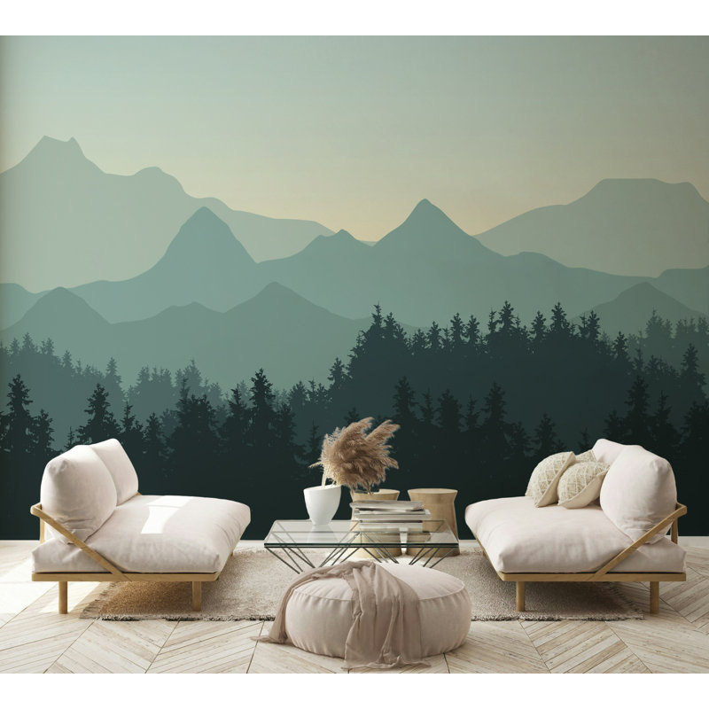 Papier peint vert Misty Mountain Forest, L 115 po x l 225 po