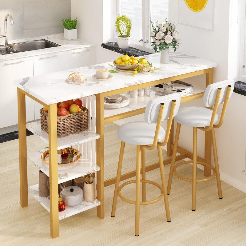 Ensemble de table de bar moderne 3 pièces avec tabourets en polyuréthane et rangement à 3 niveaux, Doré / Blanc