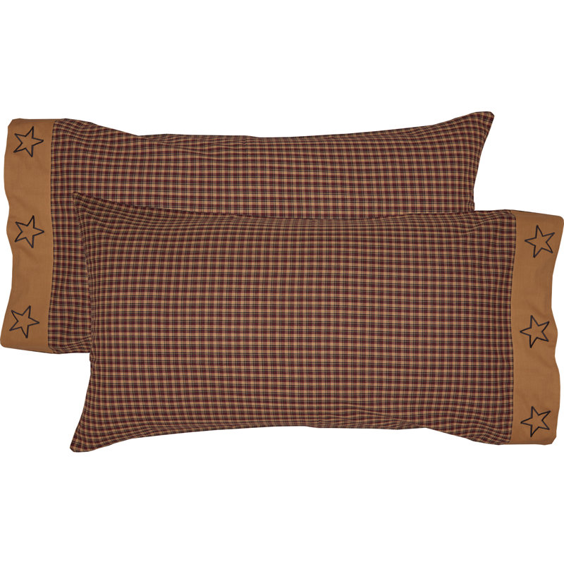 King Size Red and Tan Plaid Embroidered Cotton Pillowcase