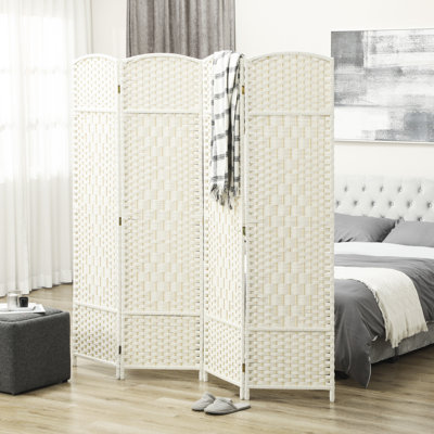 Paravent à 4 panneaux, écran d'intimité pliable de 6 pi de hauteur, cloison murale autoportante tissée à la main pour bureau à domicile, chambre à coucher, blanc, bois