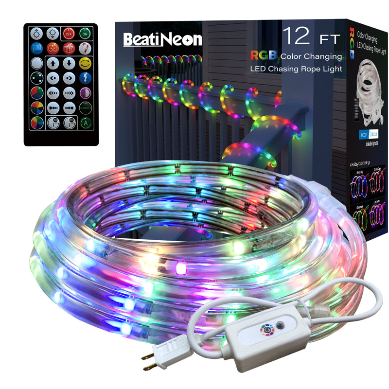 Corde à DEL 12 pi RVB à changement de couleur avec effet de chasse, connectable de bout en bout, étanche IP65, télécommande, préréglages des Fêtes, modes dynamiques, réglage de la minuterie, luminosité réglable