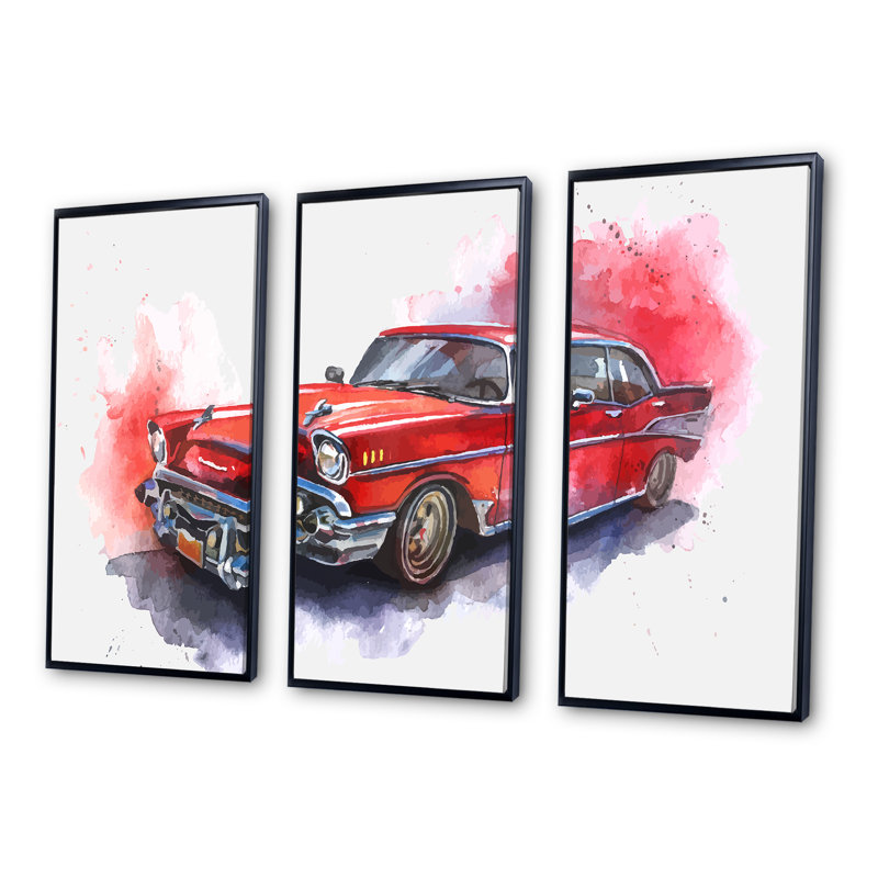 «Old-Fashioned Red Car - Industrial», ensemble d'art mural encadré sur toile, Noir, H 28 po x l 36 po x P 1 po