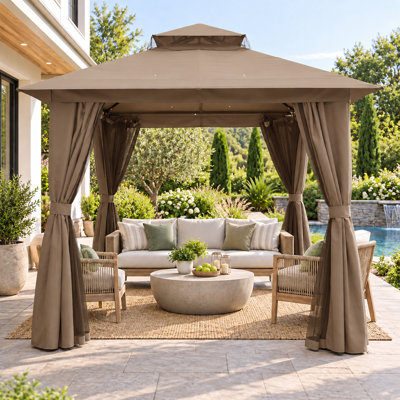 8 Ft W x 8 Ft D Soft Top Steel Patio Gazebo, 2-Tier Canopy with Zippered Mesh Netting
