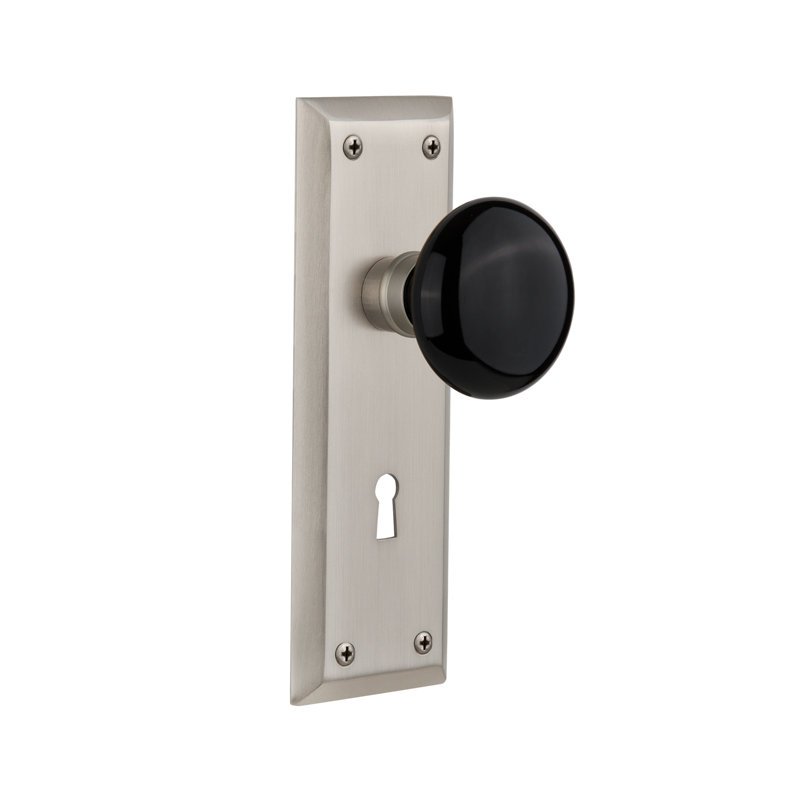 Black Porcelain Interior Mortise Door Knob with New York Long Plate, Satin Nickel