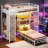 Bunk Bed Twin Over Twin with 3-Tier LED Shelves and Hall Tree Storage-1680424713