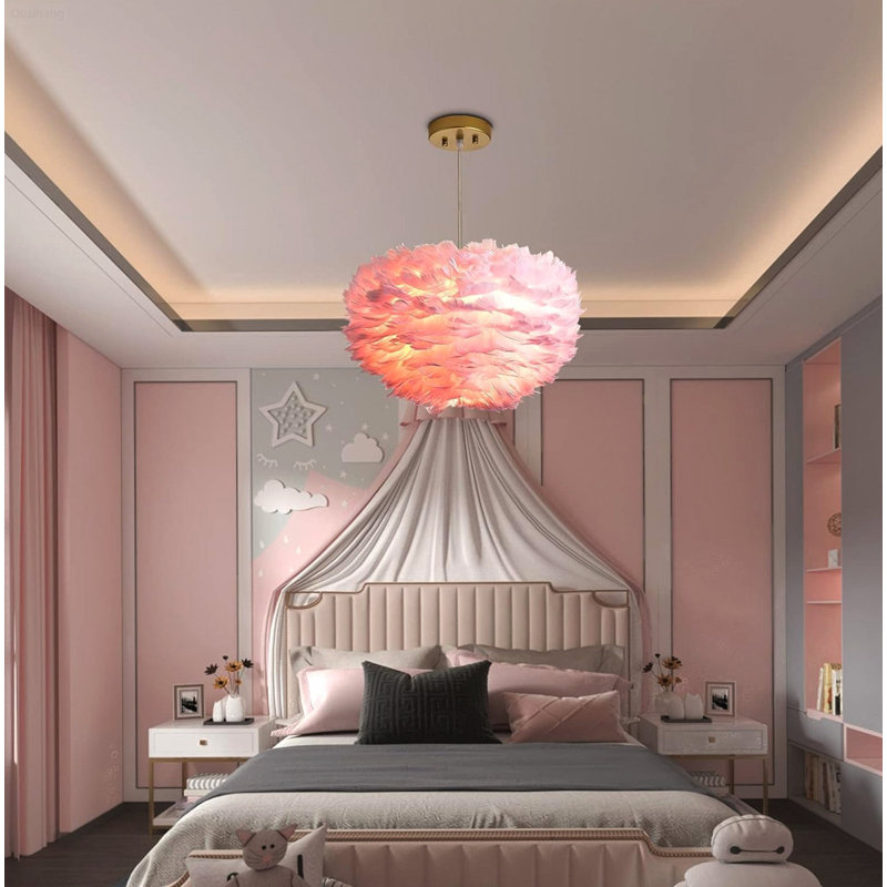 Lustre suspendu moderne et glamour à 3 lumières avec abat-jour en plumes d'oie superposées et hauteur de suspension réglable, rose