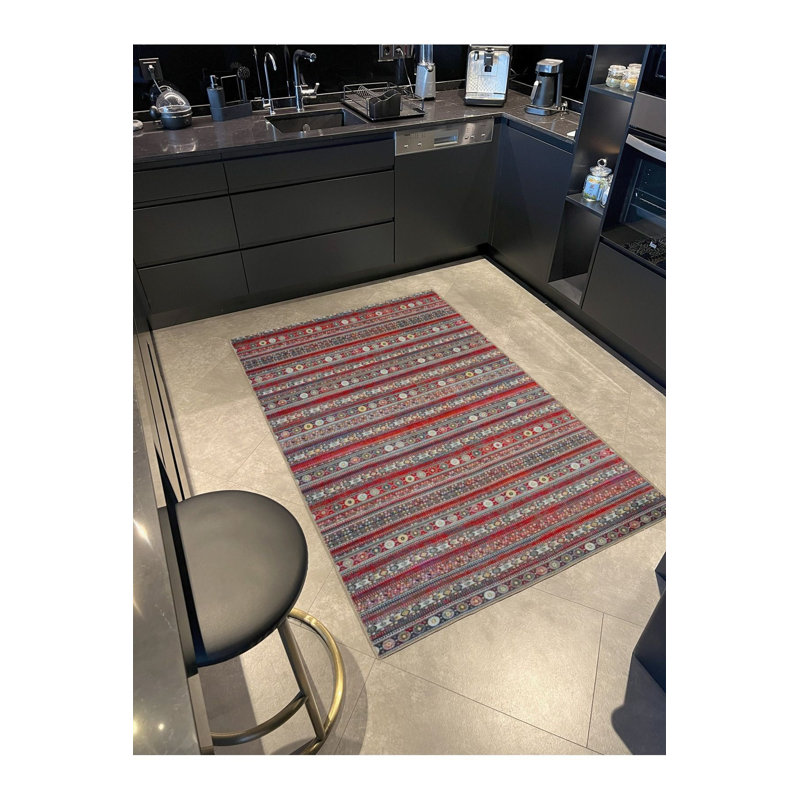 Tapis tissé à motif floral multicolore rouge à rayures multicolores, Sous-tapis carré 3 pi 3 po inclus