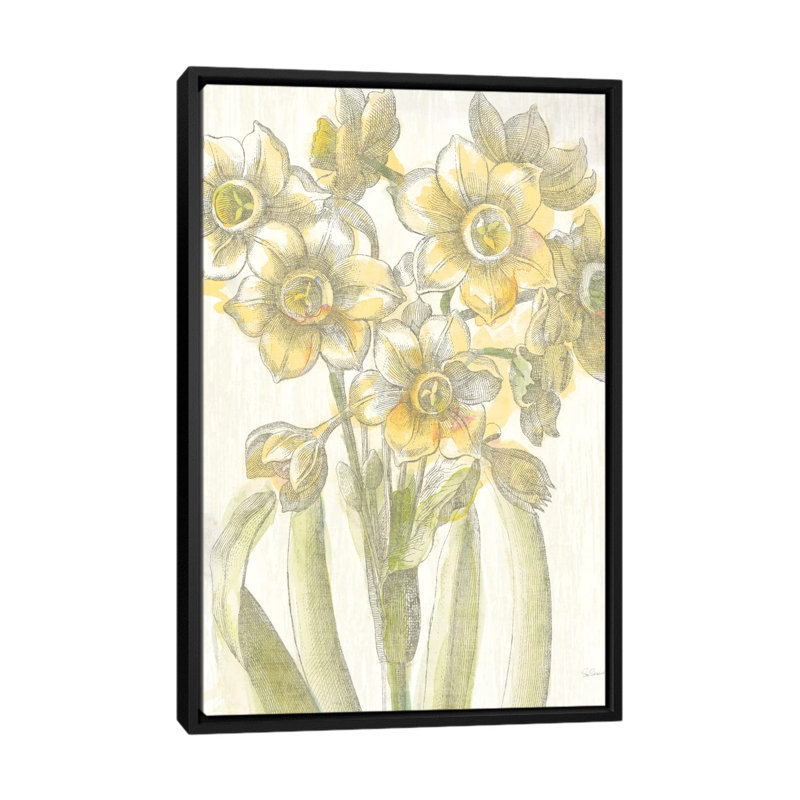 «Belle Fleur Jaune IV» par Sue Schlabach - reproduction imprimée, H 48 po x l 32 po x P 1,5 po, Toile avec cadre noir