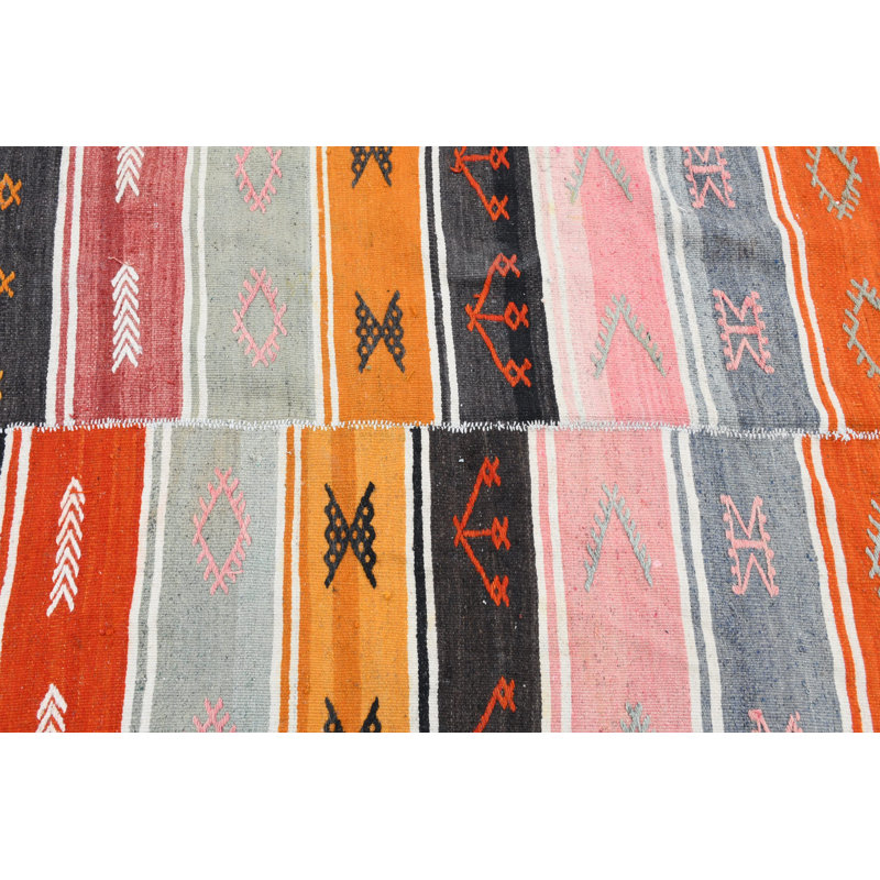 Authentique kilim turc avec accent rétro disponible en laine orange somptueuse, parfait pour la décoration de chambre à coucher