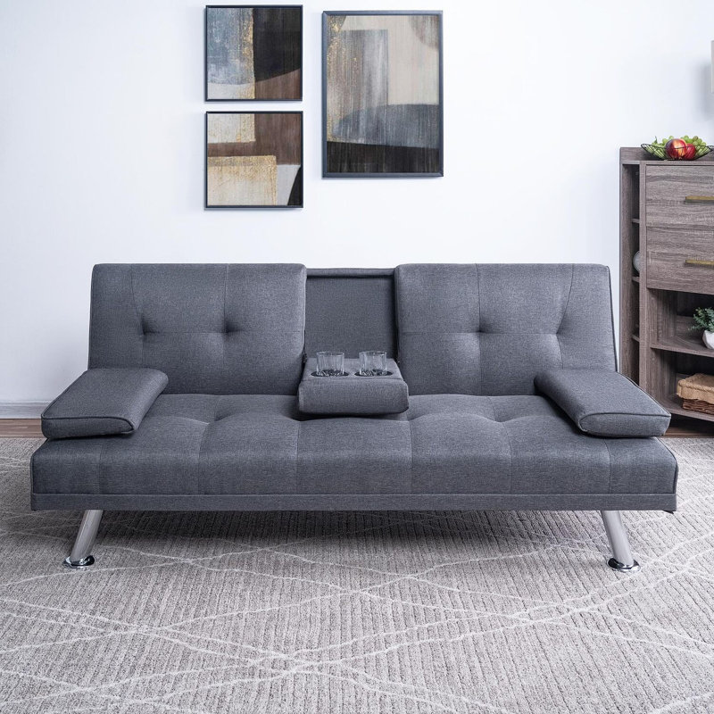 Canapé-lit futon avec accoudoirs, porte-gobelets et fonction inclinable, idéal pour les salons confortables, Gris foncé