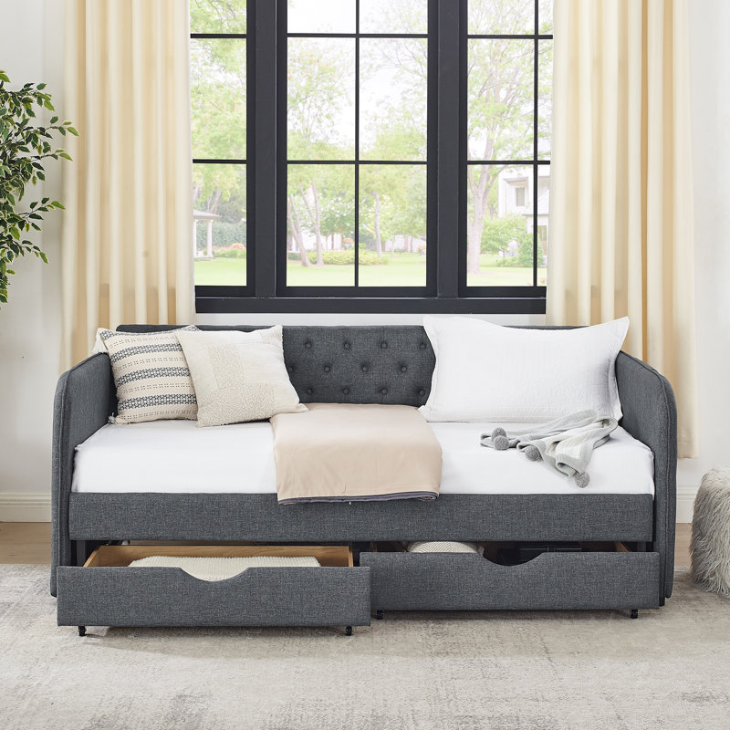 Twin Size Upholstered Daybed with Trundle Bed, 2 Storage Drawers, Extendable Sofa Bed, Flat Arms with Pocket, Linen Dark Gray