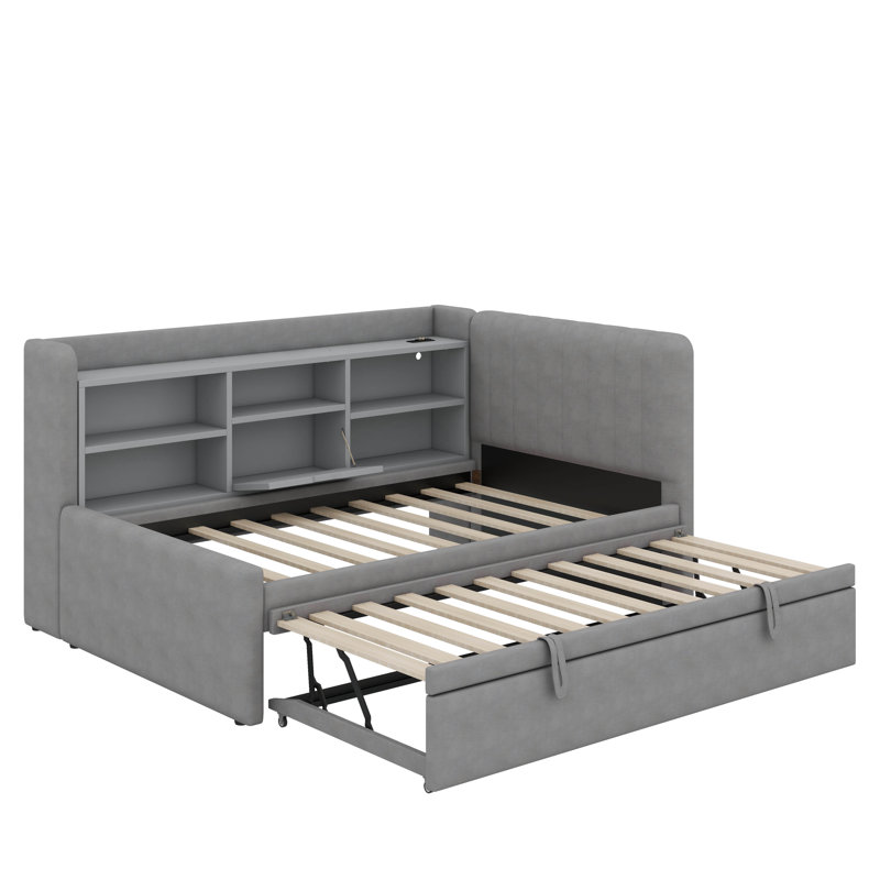 Twin Size Upholstered Daybed With Trundle, Storage Shelves, USB & Outlet, Gray