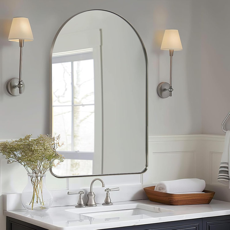 Hafsa Antique Arched Bathroom Vanity Mirror | Stainless Steel Frame, Brushed Nickel, 38" x 24"