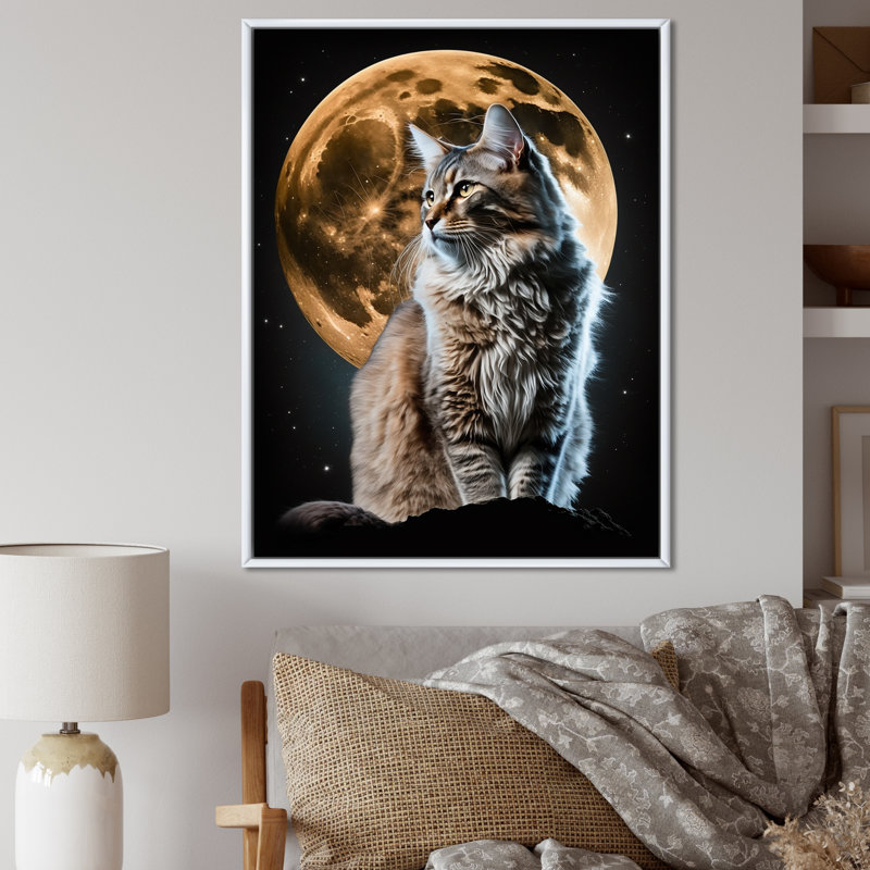 " Majestic Cat Under the Full Moon " Mixed Media and Color Photography Print, 20" H x 12" W x 1" D, White Floater Framed