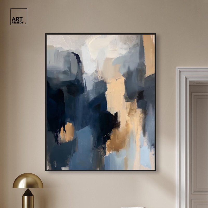 Toile bleu marine beige II par Art Remedy, H 46 po x l 37 po, Cadre flottant noir