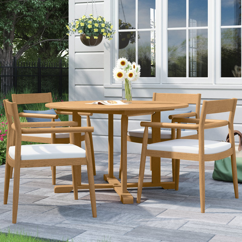 Lido 5-Piece 48" Teak Round Dining Table & Armchairs Set - Teak - Sunbrella Bliss Linen Cushions