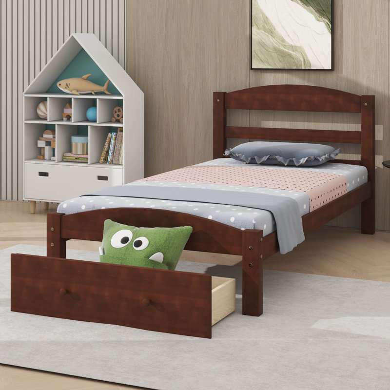 Sleek Twin Platform Bed Frame With Storage Drawer, Walnut