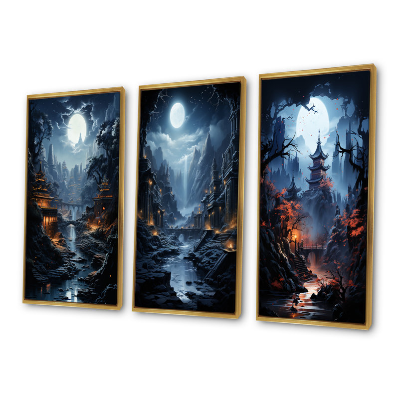 Ensemble de 3 décorations murales Moonlit Cliffside Mistery Landscape I - Moon, Cadre flottant doré, H 28 po x l 36 po