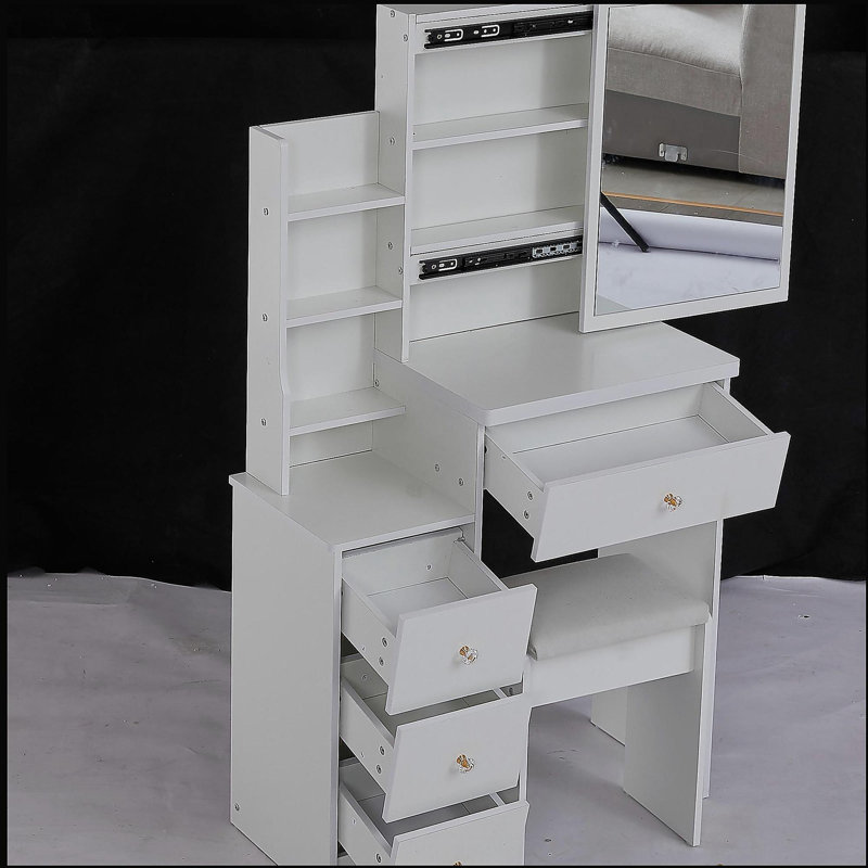 29.2" Small Space Left Bedside Cabinet Vanity Table + Cushioned Stool,Extra Large Right Sliding Mirror,Multi Layer High Capacity Storage,Practical Fashionable Dresser,Suitable for Small Space