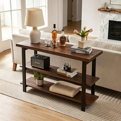 Rustic Entryway Console Table, Solid Distressed Pine Tabletop and Sturdy Rubberwood Legs, 3 Open Storage Shelves Long Sofa Table, Industrial Wooden Fu