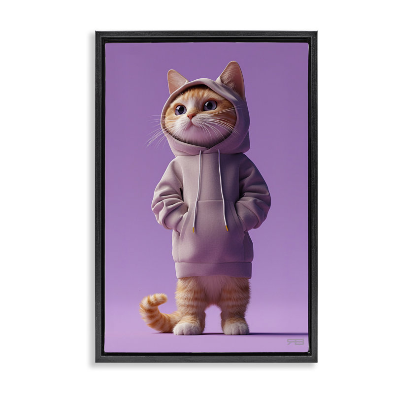 Chat tendance en toile mauve encadrée par Roozbeh Bahramali, H 25 po x l 17 po, Cadre flottant noir de jais
