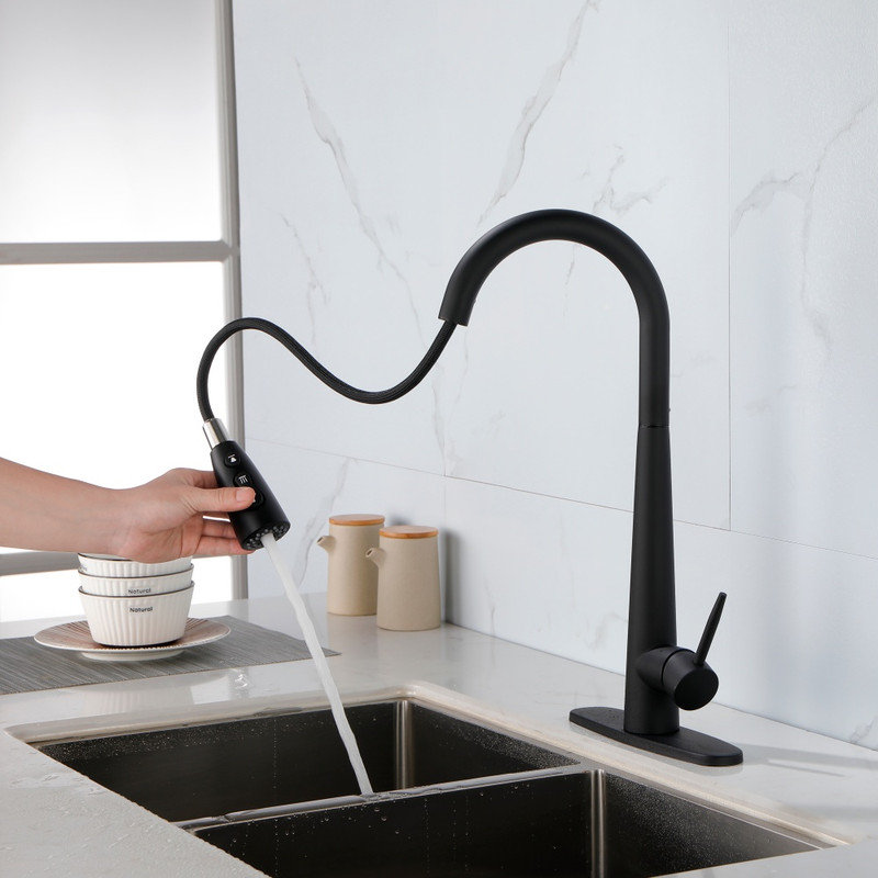 Robinet de cuisine moderne en acier inoxydable avec douchette rétractable et grande arche, Noir mat