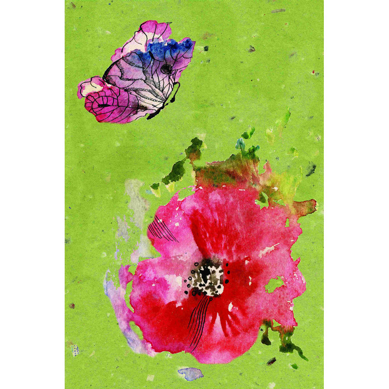Aquarelle fleur et papillon, H 18 po x l 12 po x P 1,25 po