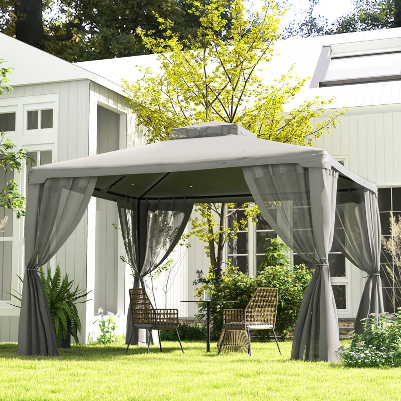 Pavillon de jardin gris, 9,6 pi x 11,6 pi, 2 toits, pour jardin, pelouse, cour, terrasse, optimisation du débit d'air, filet fermé, processus d'assemblage facile 9,6 pi x 11,6 pi Pavillon de jardin - Toit et filet