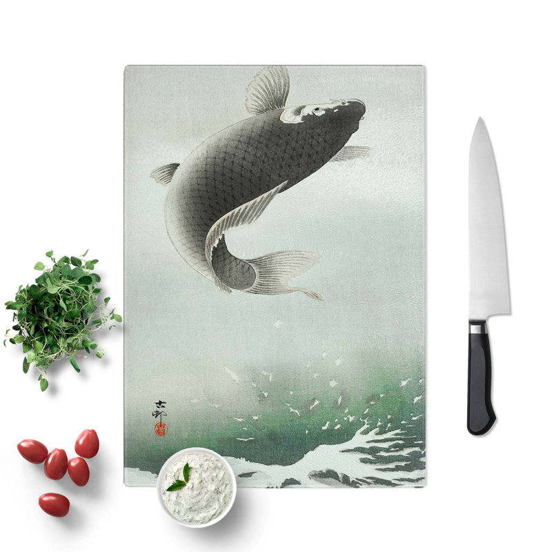 Glass Leaping Carp Fish by Ohara Koson Chopping Board, 39 cm W x 28.5 cm L