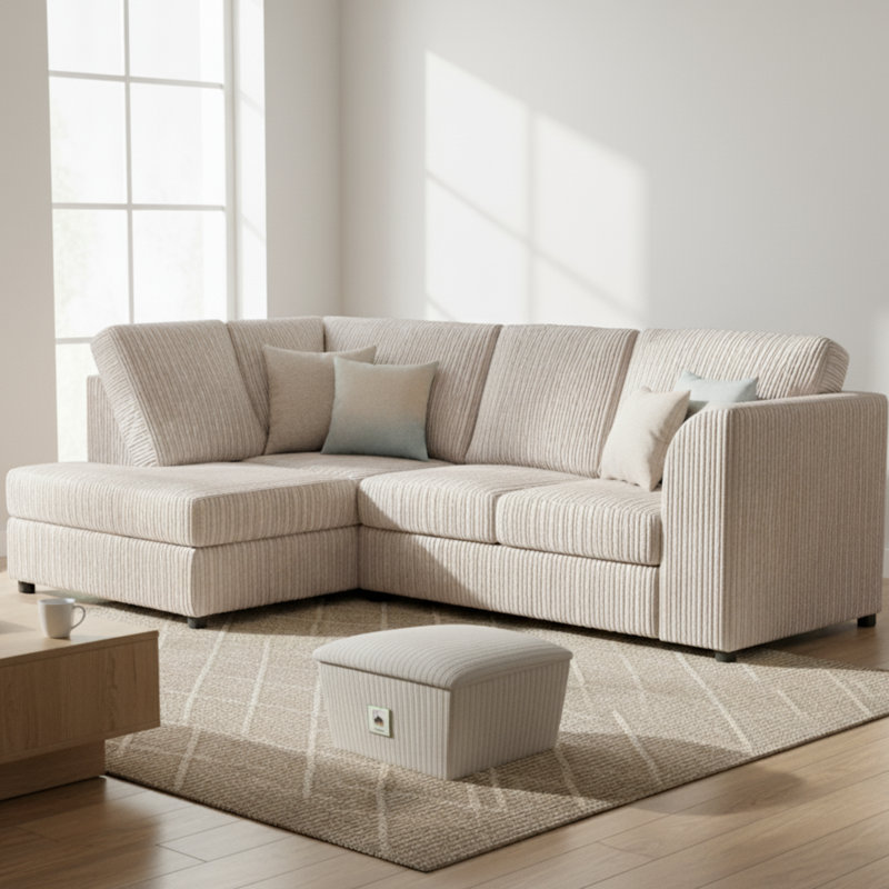 4 Seater Jumbo Cord Corner Sofa High Back Cushion including Foot Stool, Silver, Left Hand Facing