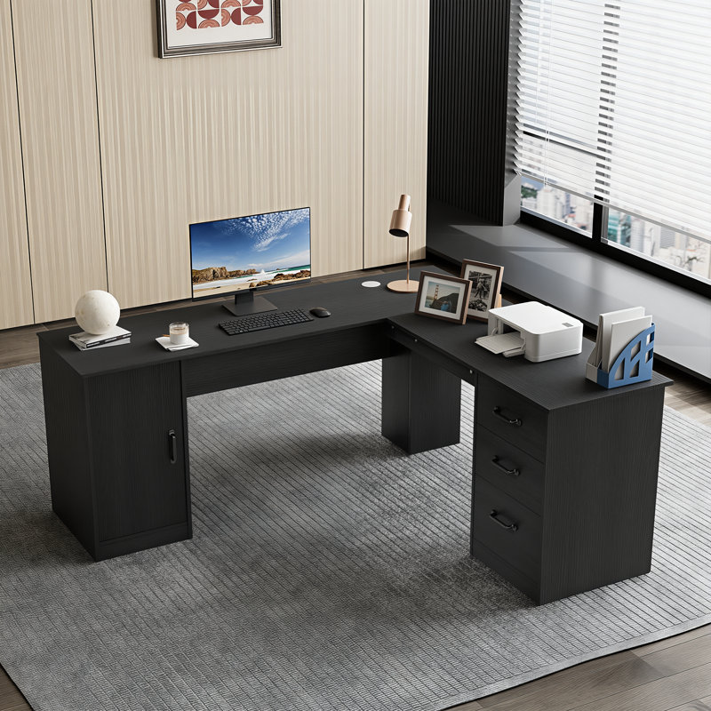 Arpan 60" L-Shaped Executive Desk with Drawers, Wood Home Office Corner Desk with Storage Cabinet, Black
