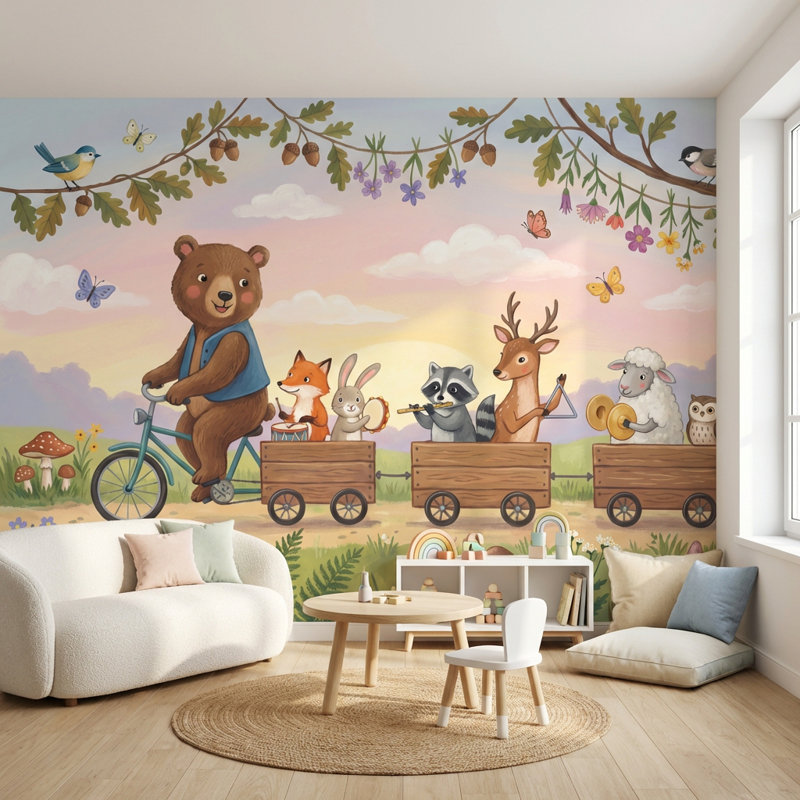 Papier peint animaux fantaisistes, bicyclette, forêt, 120"x96", Peler et coller