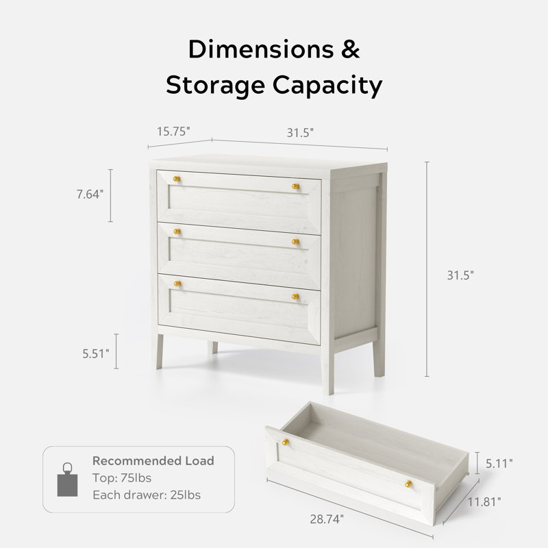 Commode 3 tiroirs Farmhouse, commode large, table de chevet 3 tiroirs, Blanc antique, 2