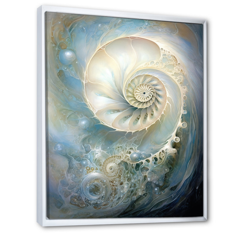 Nautilus perle bleue et blanche sur toile, H 44 po x l 34 po x P 1,5 po, Cadre flottant blanc