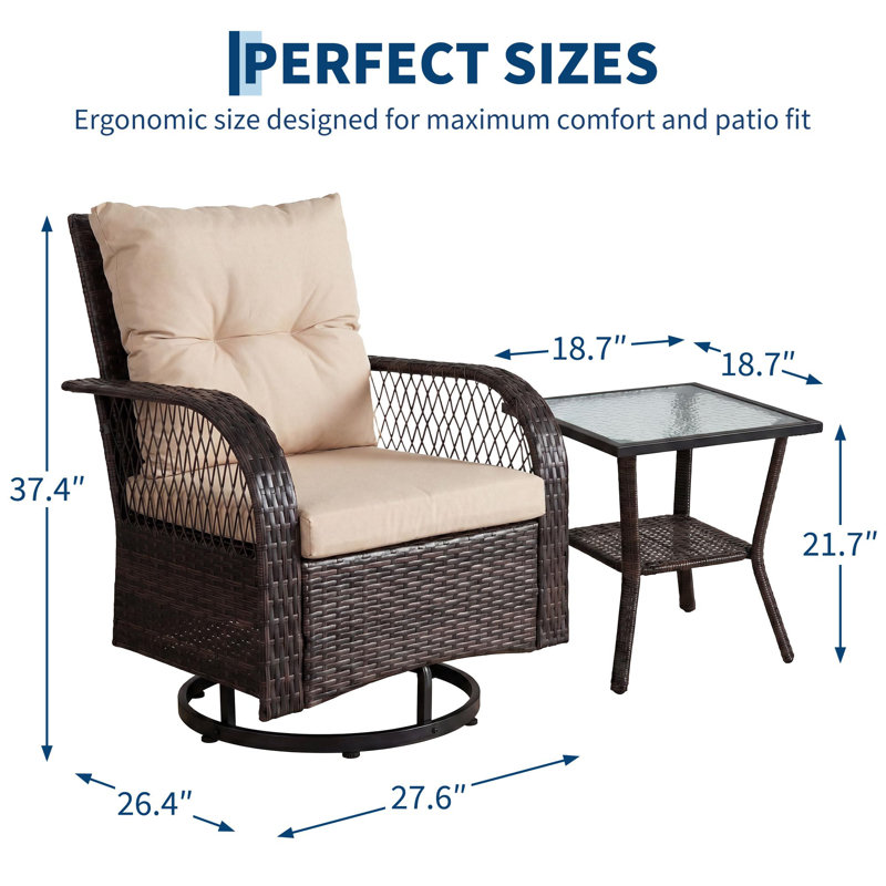 Ensemble de conversation de patio 3 pièces avec chaises à bascule pivotantes à 360°, ensemble de meubles d'extérieur en résine tressée PE avec coussins et table basse, ensemble de 2 chaises