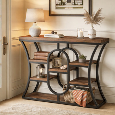  Console de 41,3 po, table de vestibule industrielle avec tablettes de rangement, petit canapé étroit pour le salon, derrière le canapé, le couloir et le vestibule (brun rustique)
