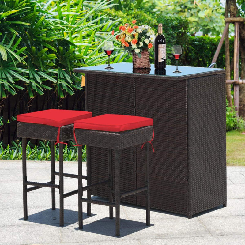 3PCS Patio Wicker Rattan Bar Set Table w/2 Turquoise Cushioned Stools, Red, 41.5"H x 40"W x 24"D