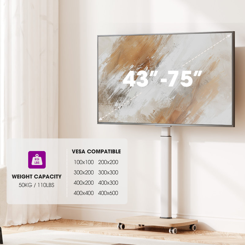 Abbing Modern Rolling TV Stand with Wheels for 43 to 75 inch TVs, White