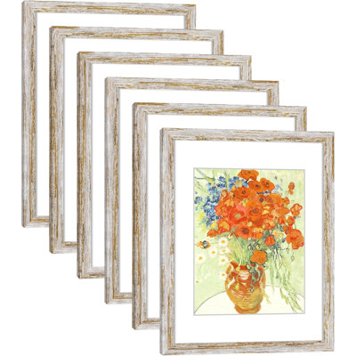 Rustic Distressed Retro Style White Frame 11x14 Picture Frame Set of 6 with Real Glass for Pictures 8x10 with Mat or 11x14 Without Mat, Wall Gallery or Tabletop display