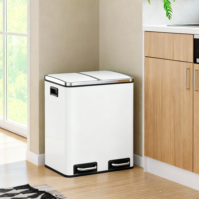 Garbage Can, 8 Gallon Garbage Bin With Soft-Close Lids, 2 X 4 Gallon (2 X 15L) Trash Can, Pedals, And Inner Buckets For Kitchen, Stainless Steel