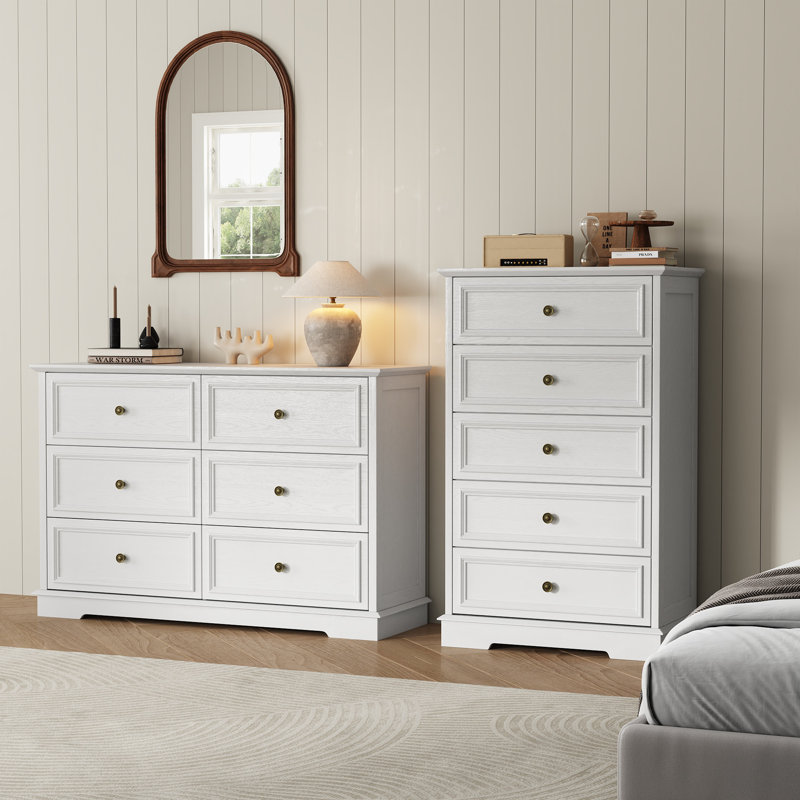 Ensemble rétro 2 pièces: commode large à 6 tiroirs et commode haute à 5 tiroirs, Blanc