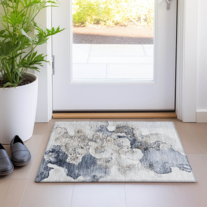 Machine Washable Indoor/Outdoor Xhevrie Ivory Rug, Rectangle 1'8" x 2'6"