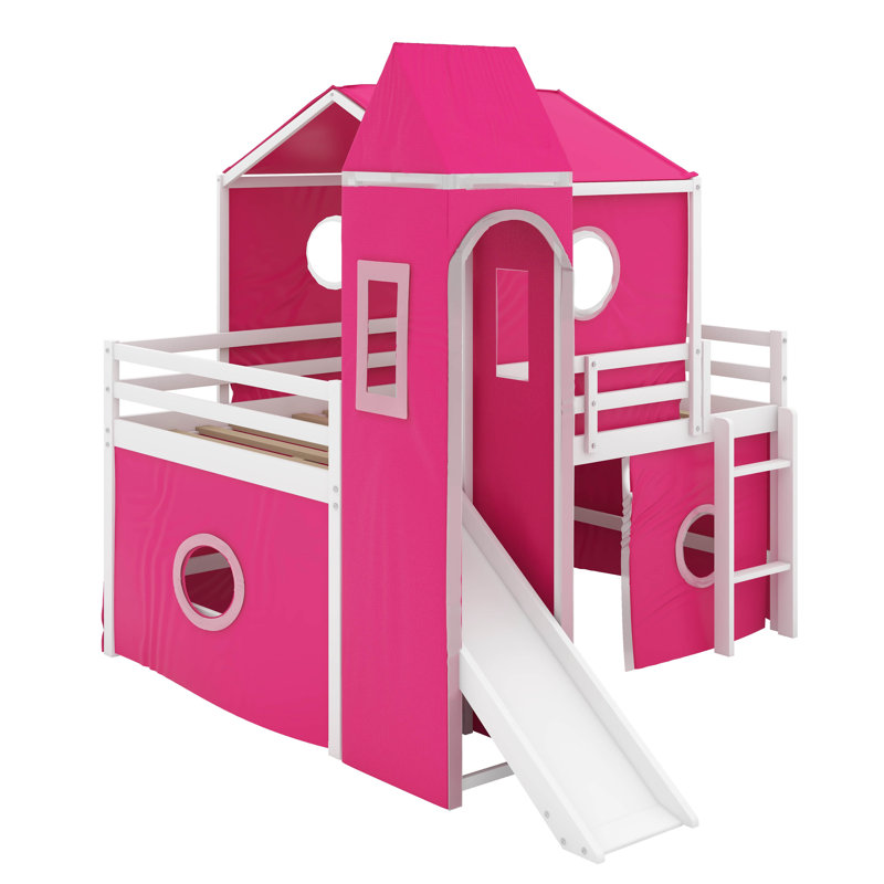 Lit mezzanine double avec tente, Rose