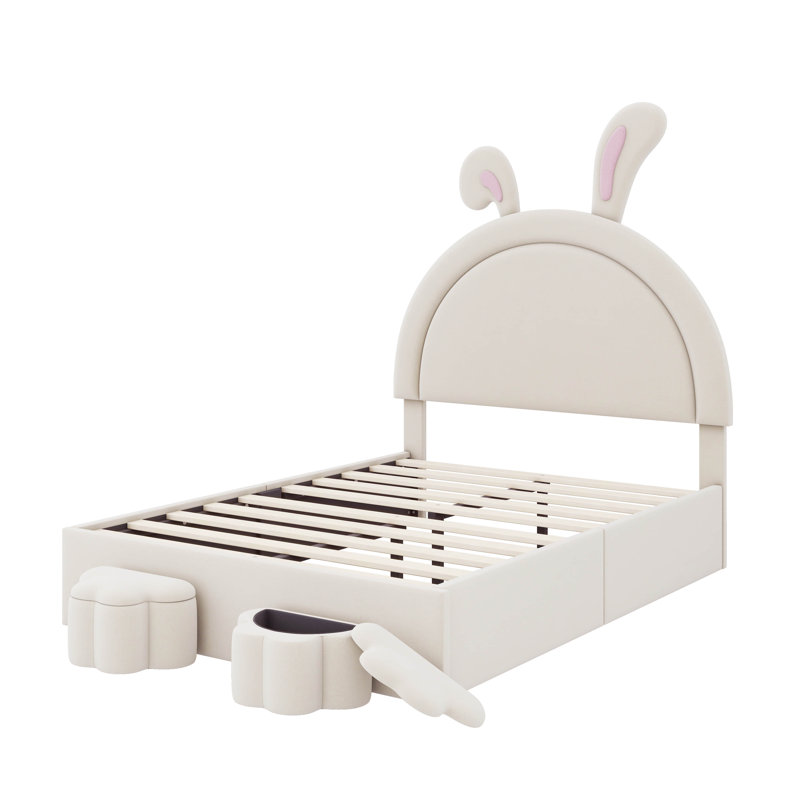 Lit double rembourré en forme de lapin avec 2 tabourets de rangement, Double, Blanc