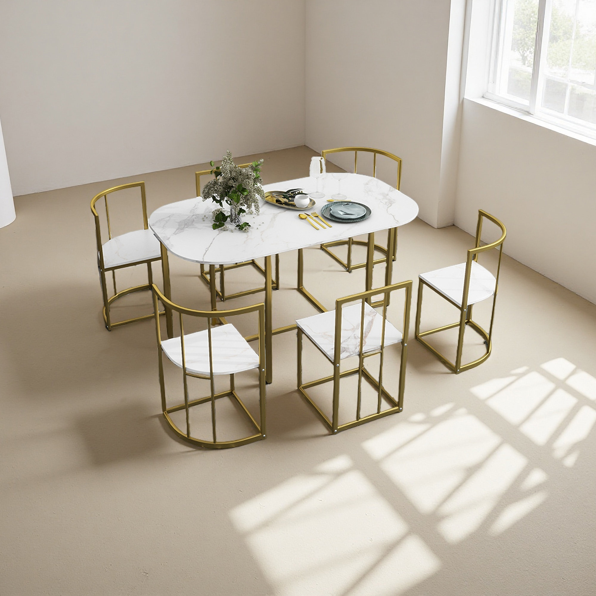 Wrought Studio Modern 7-Piece Dining Table Set With Faux Marble Compact ...