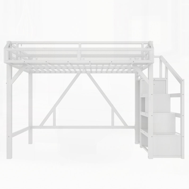 Loft Bed with Storage Stairs, Shelves and Built-in Wardrobe, White, Twin XL